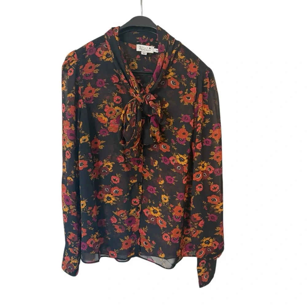 Molly Bracken M Black Floral Tie Neck Blouse Chiffon Long Sleeve Top - Picture 2 of 7